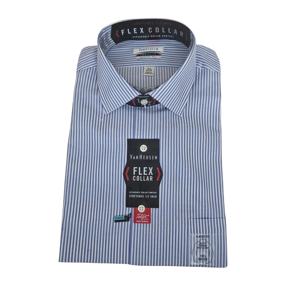 Van Heusen Men's Dress Shirt NEW Flex Collar  Men's 16.5 Classic Fit Blue White